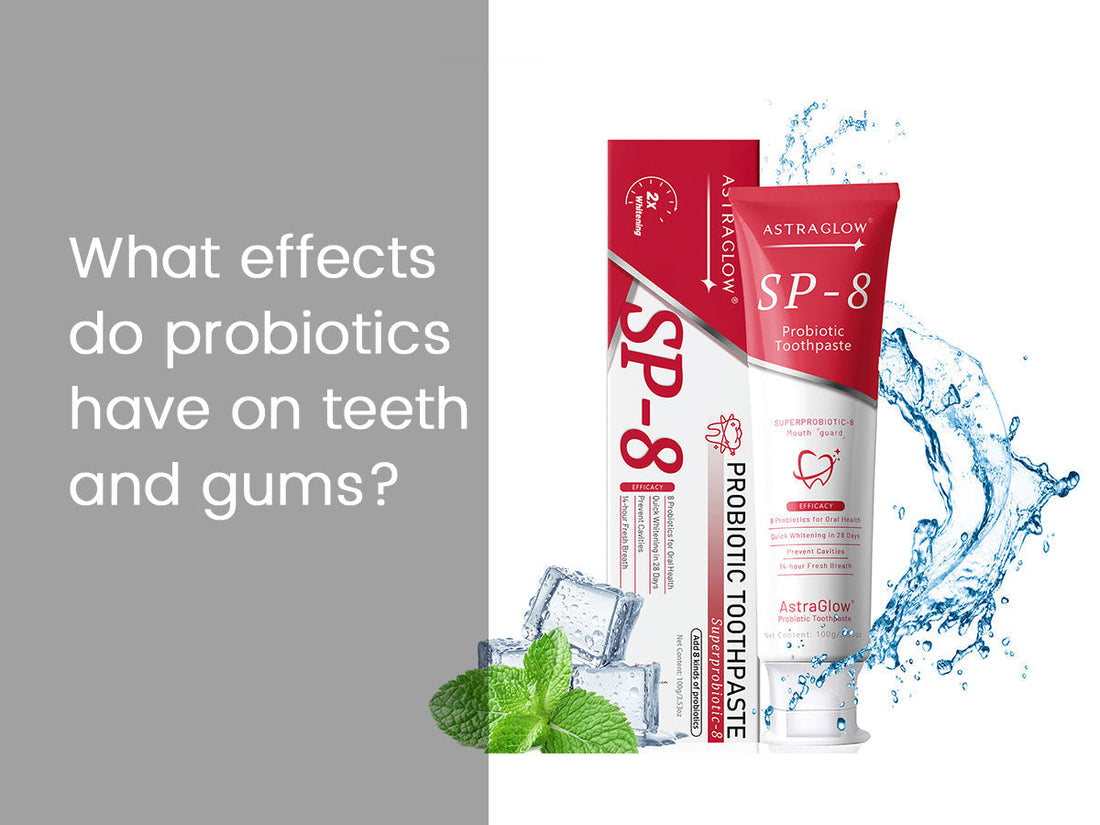 Probiotic toothpaste tube and box with mint leaves, ice cubes, water splash, and oral health text