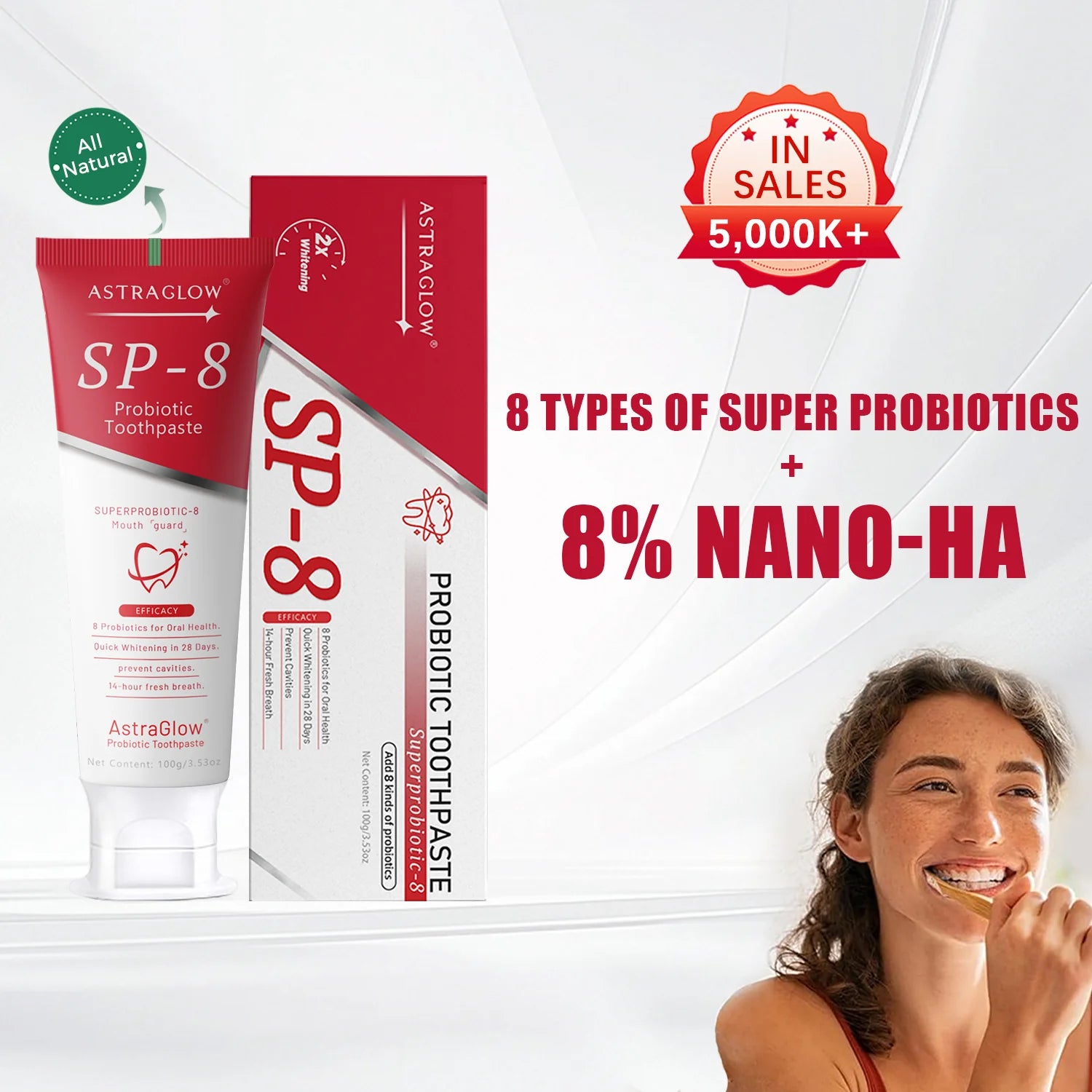 Probiotic toothpaste SP-8 tube and box with woman brushing teeth, whitening, probiotics, Nano-HA.