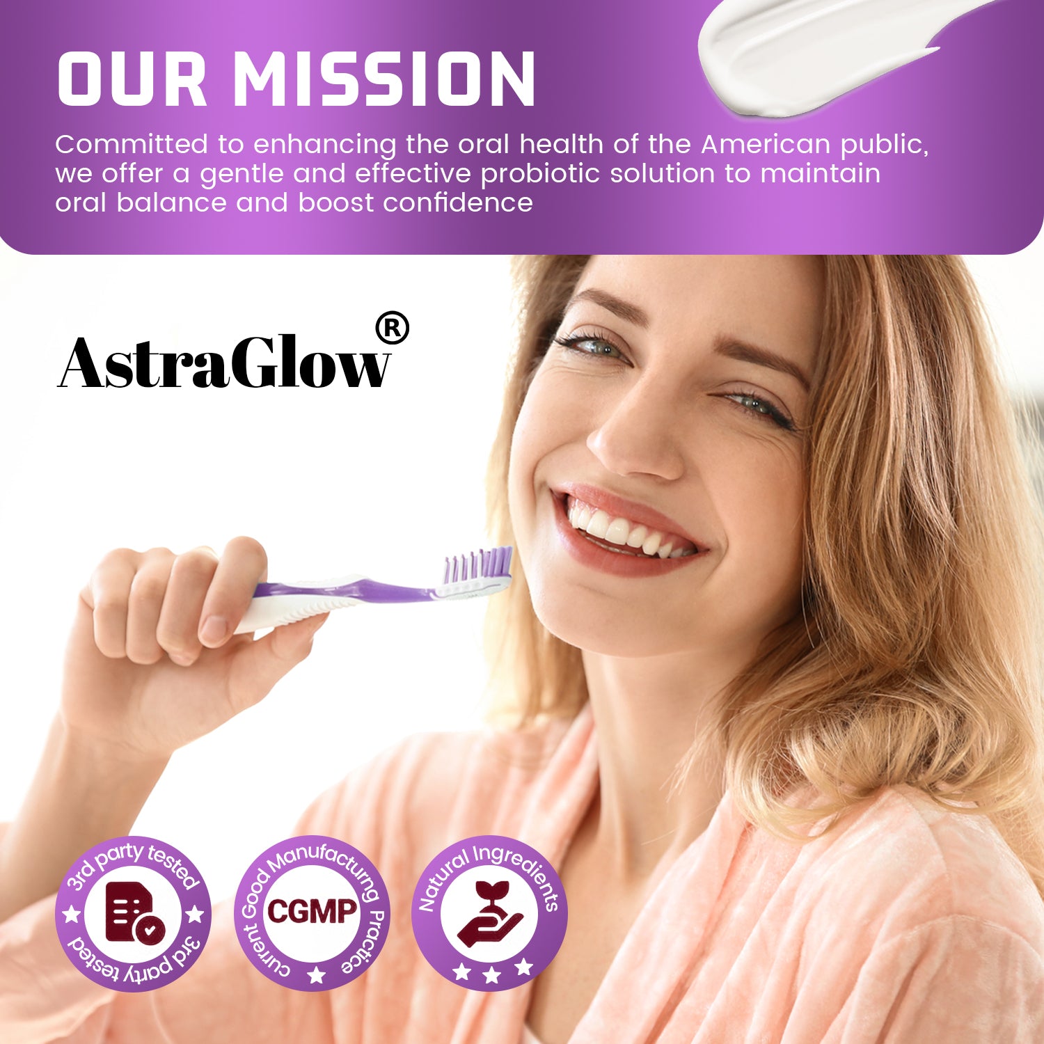 Woman smiling with toothbrush, showcasing natural ingredients and probiotic oral care for healthy teeth and confidence