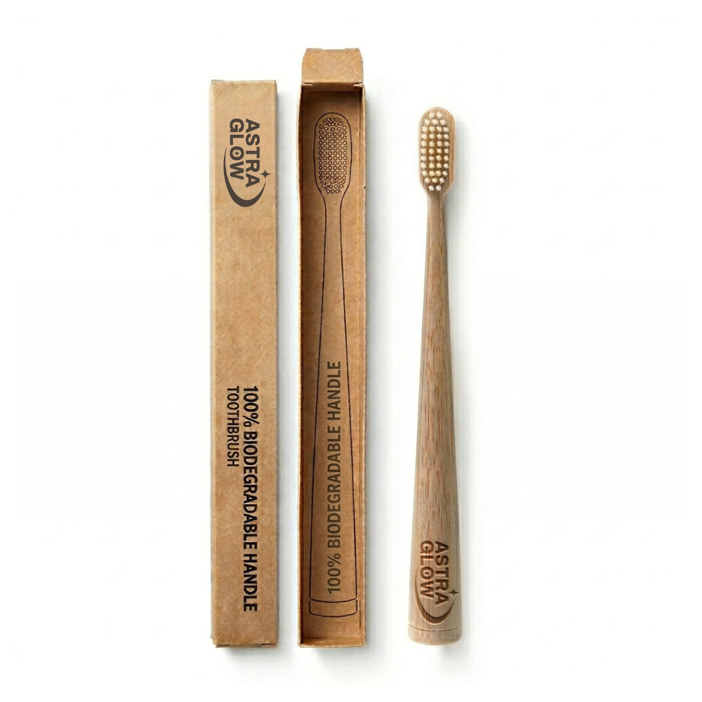 Biodegradable bamboo toothbrush and eco-friendly packaging with AstraGlow logo