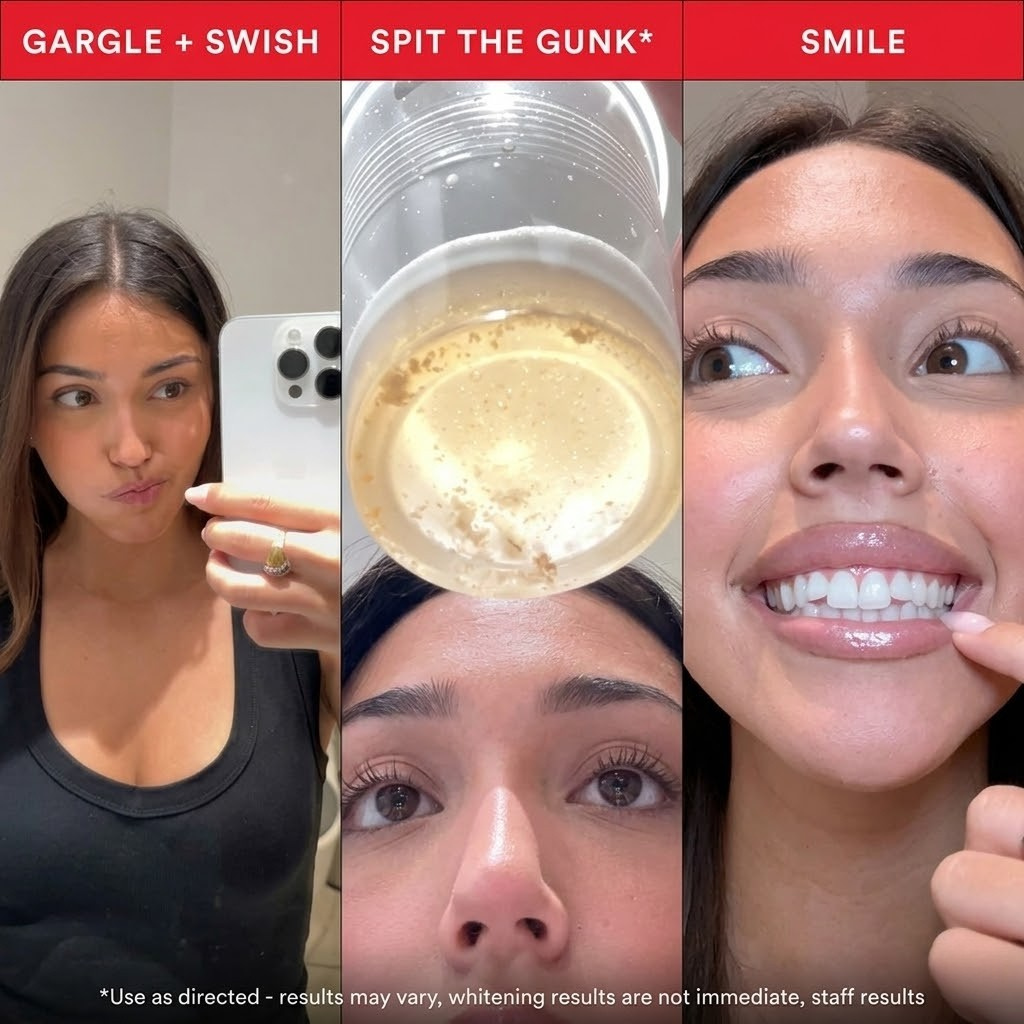 Smile whitening routine: gargle, spit gunk, smile bright — safe, effective oral care steps