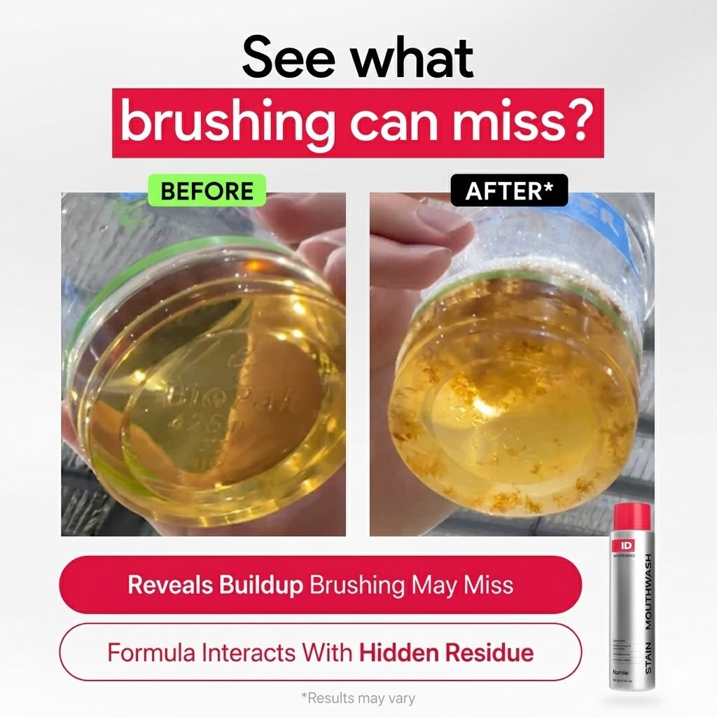 Before and after mouthwash reveals hidden dental residue missed by brushing alone