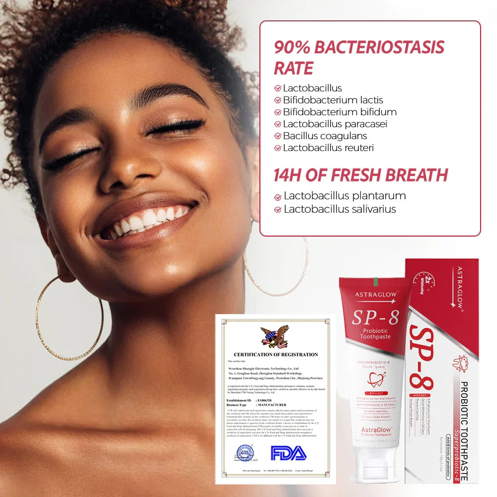 Smiling woman with white teeth, probiotic toothpaste packaging, FDA certificate, oral care benefits listed.