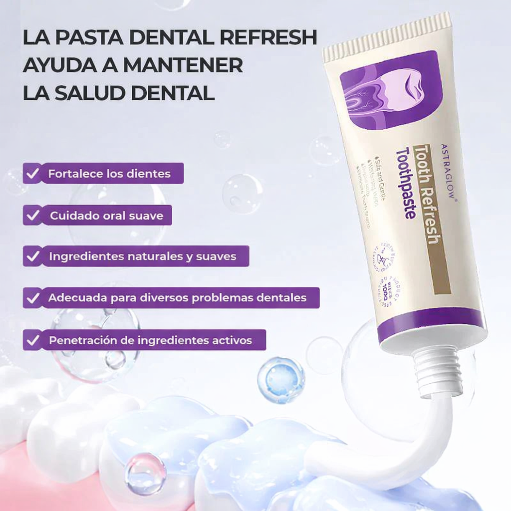 Tooth Refresh toothpaste tube with key benefits in Spanish and toothpaste on a row of teeth