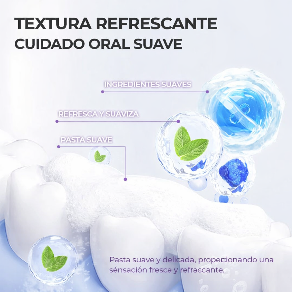 Gentle toothpaste foam on white teeth with mint leaves, highlighting soft oral care and refreshing texture.