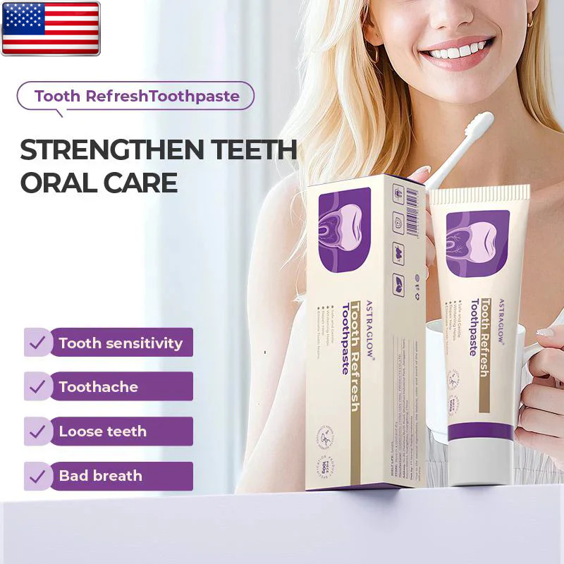 Woman holding toothbrush next to Astraglow Tooth Refresh Toothpaste box, promoting oral care for sensitivity, toothache, loose teeth, and bad breath.