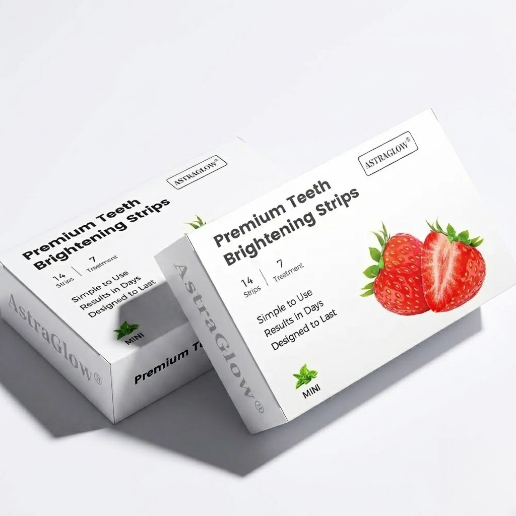 AstraGlow Premium Teeth Brightening Strips with strawberry design, 14 strips for 7-day treatment, MINI size