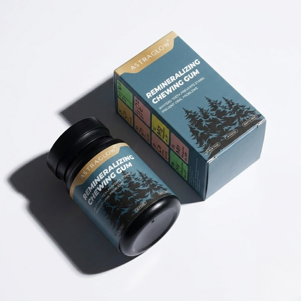 Remineralizing chewing gum bottle and box, whitens teeth, prevents stains, natural mint flavor