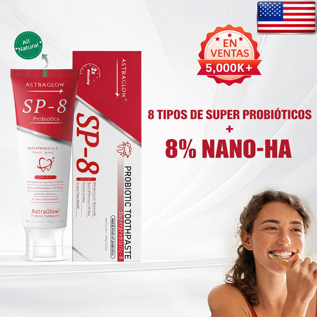 Woman brushing teeth with SP-8 probiotic toothpaste, featuring 8 super probiotics and 8% nano-HA.