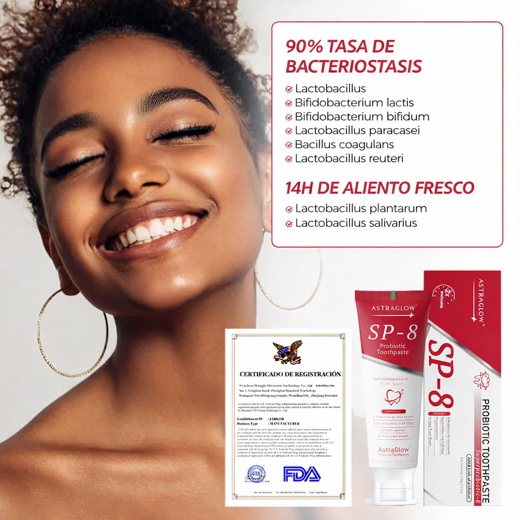 Smiling woman with bright teeth beside AstraGlow SP-8 probiotic toothpaste, registration certificate, and product benefits in Spanish, including fresh breath and bacteriostasis.