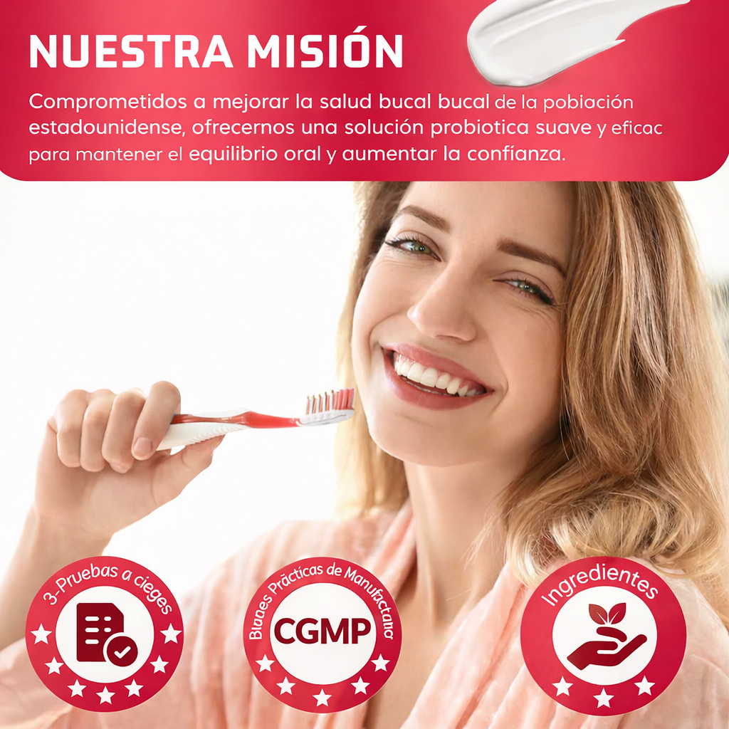 Smiling woman holding toothbrush, oral health icons, Spanish mission statement about probiotics.