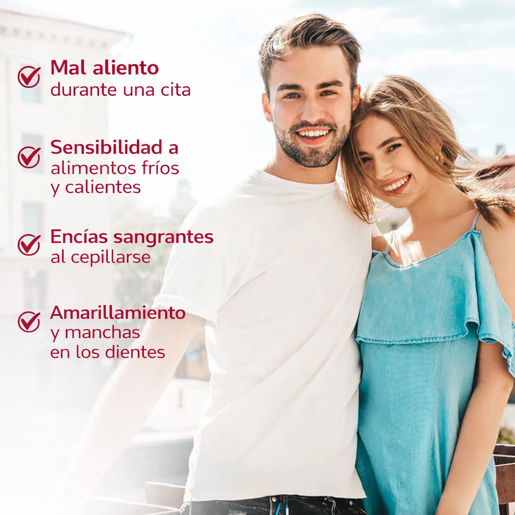 Smiling couple outdoors with Spanish text listing dental issues like bad breath, tooth sensitivity, bleeding gums, and yellow teeth.