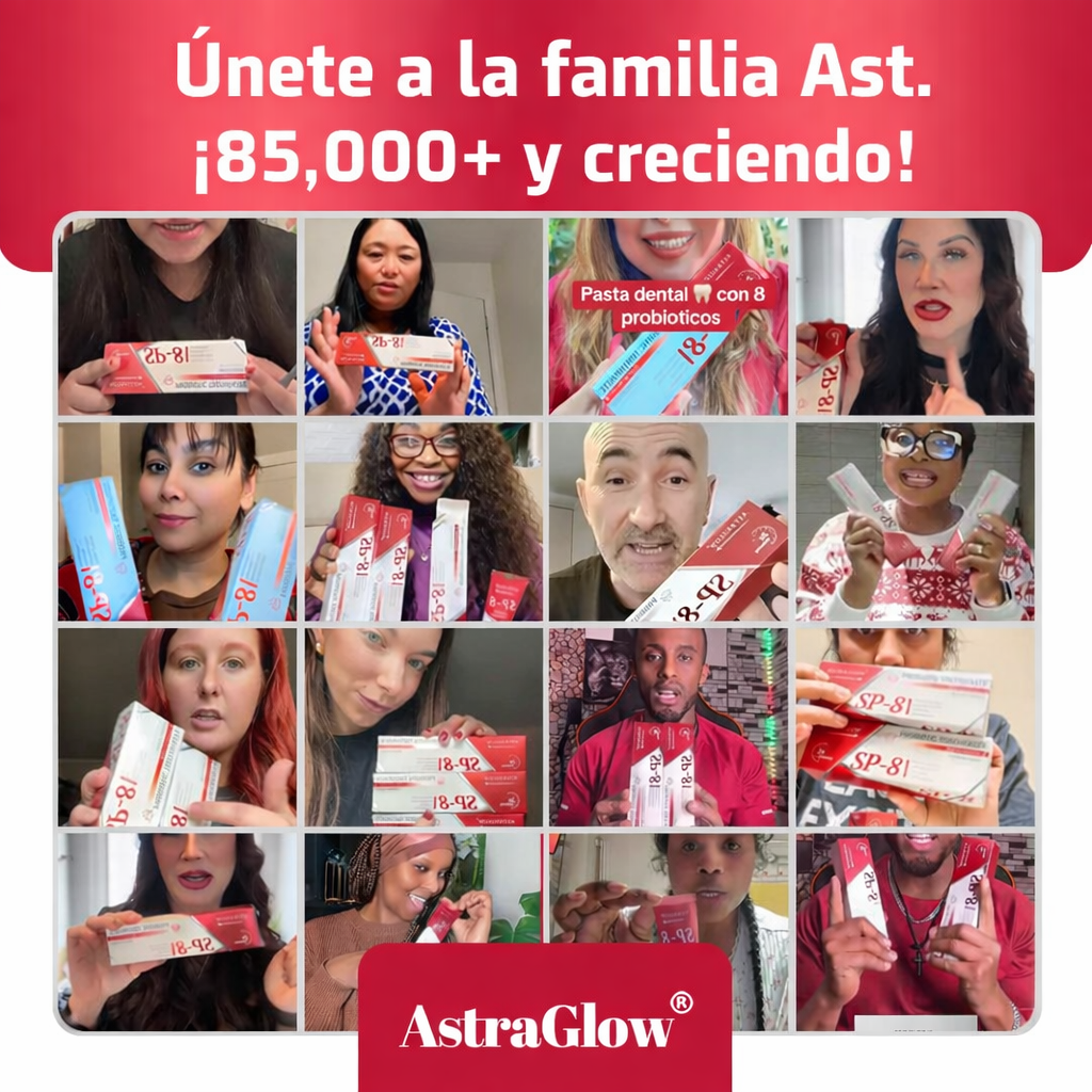 Collage of diverse people holding AstraGlow toothpaste with a banner reading '85,000+ and growing'.