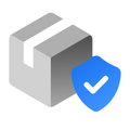 Shipping protection icon with a package and a blue shield featuring a checkmark