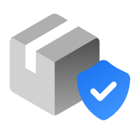 Shipping protection icon with a package and a blue shield featuring a checkmark