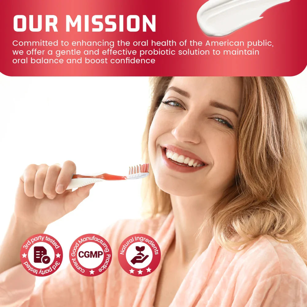 Smiling woman in pink robe holding toothbrush, promoting oral health and probiotic dental care.