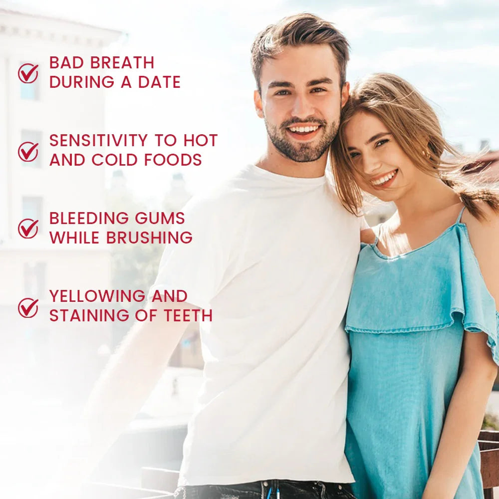 Smiling couple outdoors with oral health concerns text overlay, including bad breath, sensitivity, bleeding gums, and yellowing teeth.